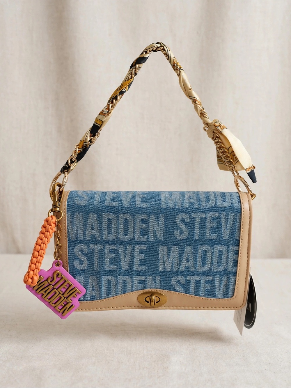 Steve Madden Denim Logo Shoulder Bag with Beige Trim and Colorful Charm